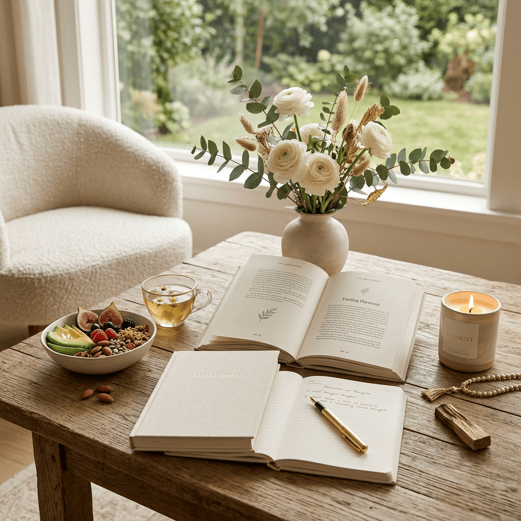 Open books and journal beside tea, fruit, flowers, and candle