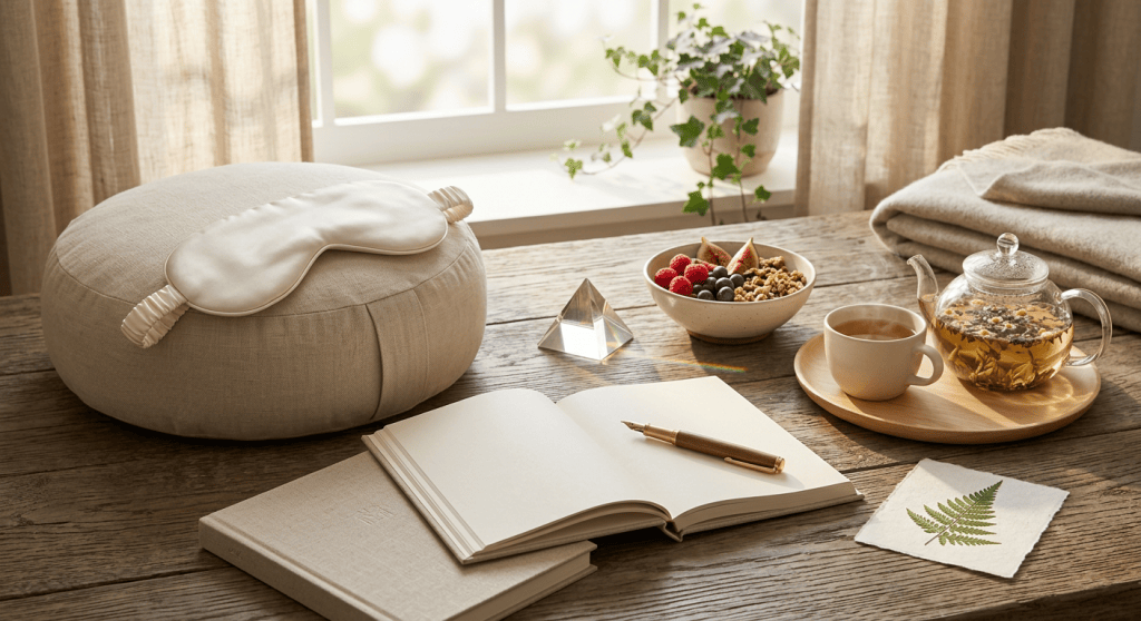 Luxury wellness still life with journal, tea, fruit, and cushion