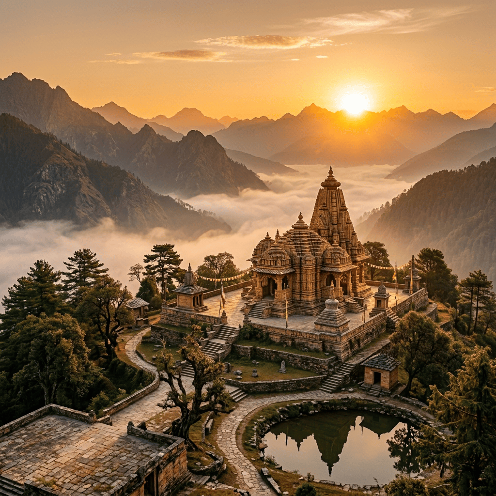 Stone temple overlooking misty mountains at sunrise
