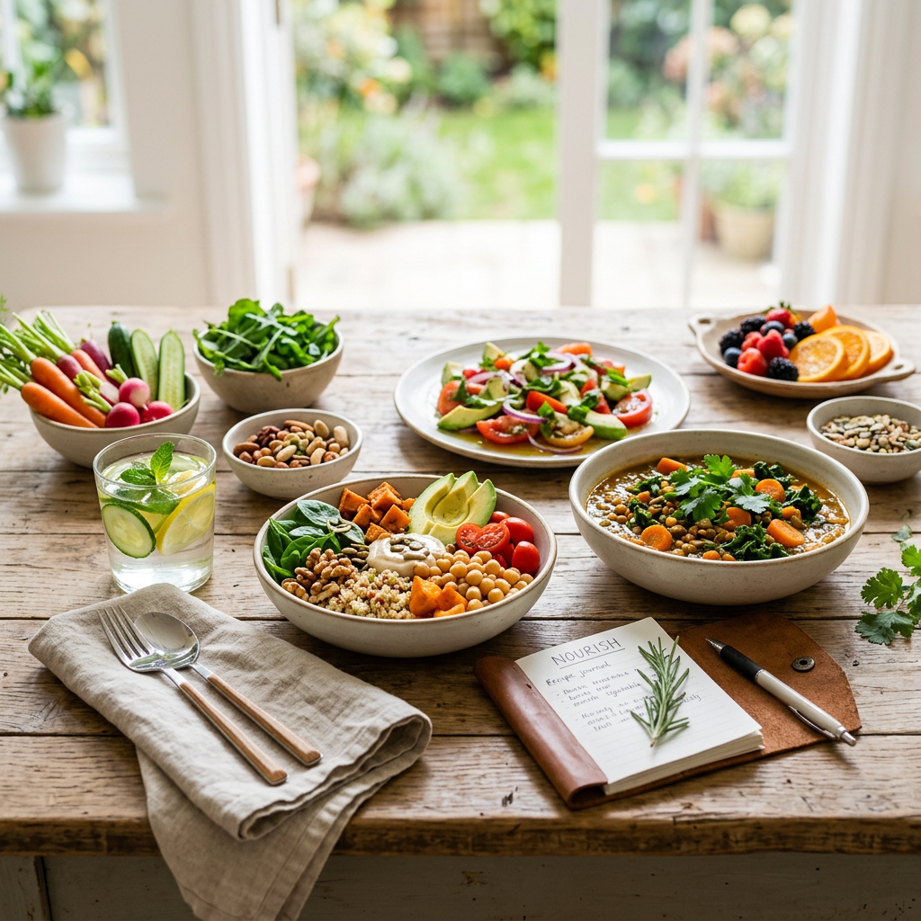 Healthy meal spread with a notebook labeled “NOURISH”